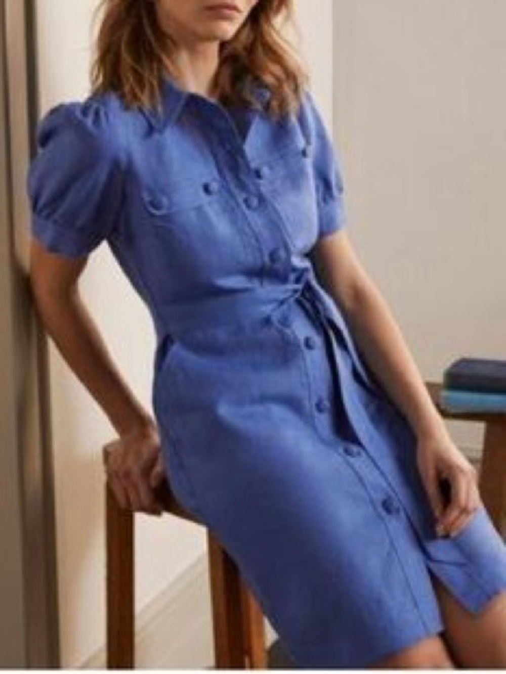 Boden Carrie Linen Shirt Dress US 14R Blue 100% Linen Belted Safari Utility